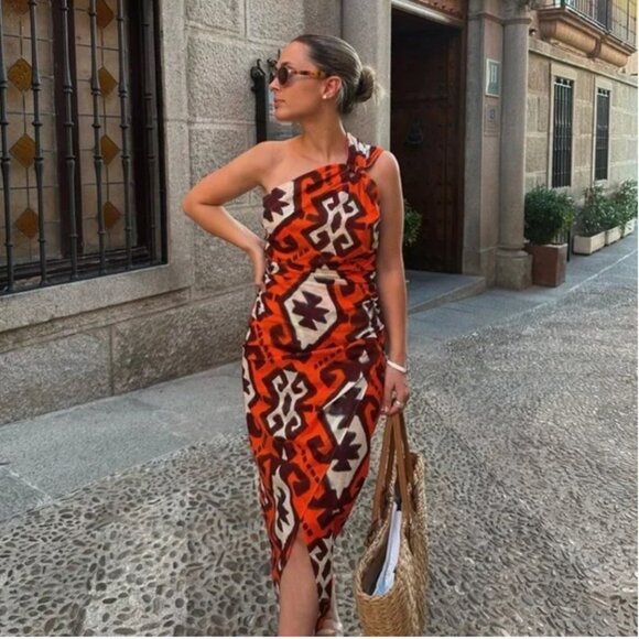 NWOT ZARA MULTICOLOURED PRINTED DRESS WITH ASYMMETRIC HEM Orange - Picture 2 of 13
